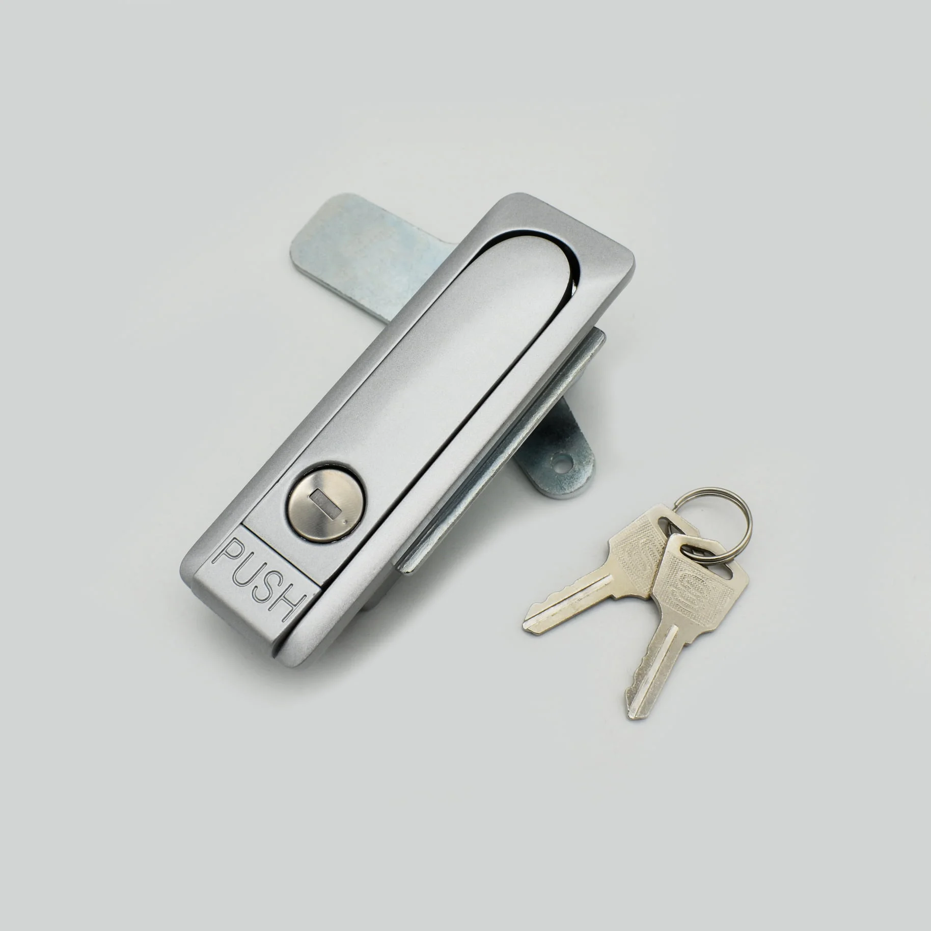 A silver push lock, equipped with two keys on a keyring, beautifully featured in product DSC_1219.