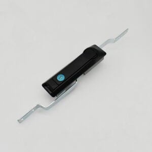 The DSC_2138 features an elegant black and silver latch handle with a vibrant blue lock button, beautifully presented against a simple white background.