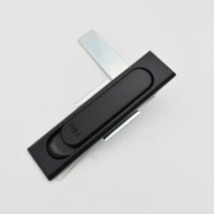 The DSC_2176, a sleek black flush sliding door pull handle featuring a brushed metal mounting plate elegantly inscribed with "PULL," adds a touch of sophistication by seamlessly blending function and style.