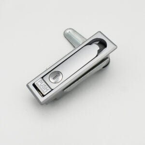 Rectangular silver push-button latch featuring a circular key slot, resembling the DSC_2312 product, set against a pristine white background.