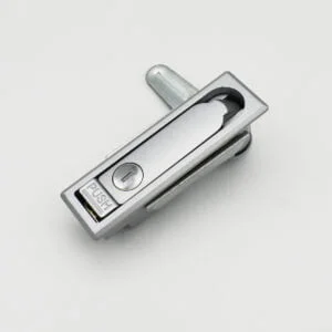Rectangular silver push-button latch featuring a circular key slot, resembling the DSC_2312 product, set against a pristine white background.