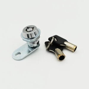 An M19-17 metallic cam lock, featuring a latch on the left and accompanied by a pair of keys with black plastic heads on the right, set against a white background.