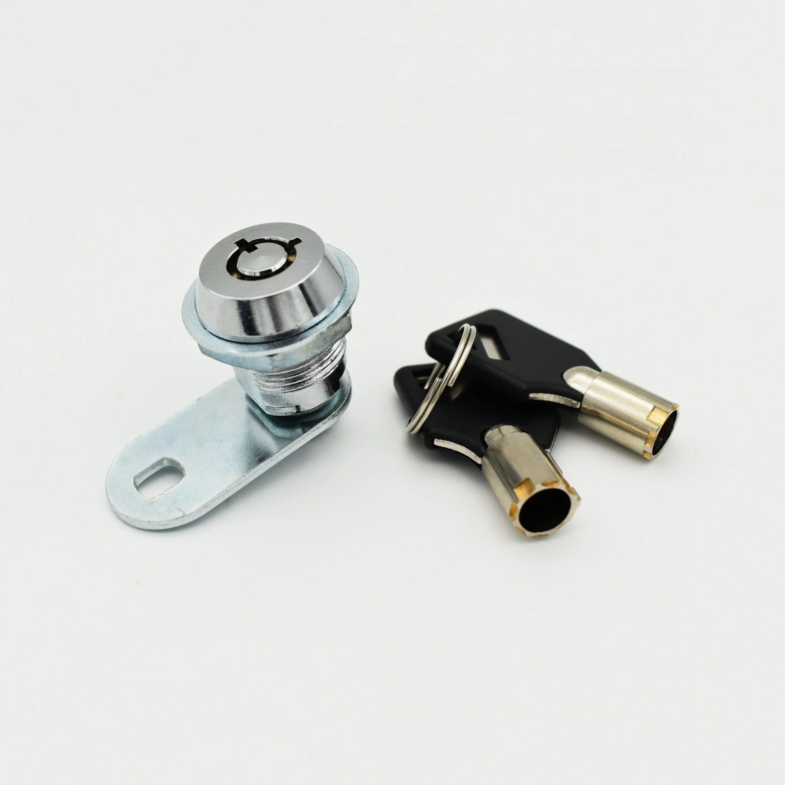 An M19-17 metallic cam lock, featuring a latch on the left and accompanied by a pair of keys with black plastic heads on the right, set against a white background.
