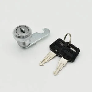 A gleaming MS403 cam lock, featuring a single key slot, accompanied by two black-handled keys on a ring, all elegantly displayed against a plain white background.