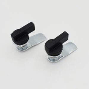 Two MS406 metal cam locks with black plastic handles are positioned side by side on a white surface.
