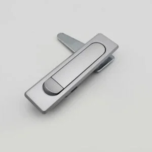 The MS504-2 (2) silver metal cabinet latch lock is designed with a rectangular shape and a rotating handle, beautifully showcased on a white background.