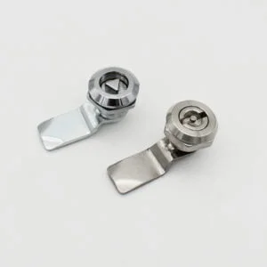 Two metal cam locks, including the MS705 model with flat, straight, and angled latches, are displayed on a white background. One lock has a shiny and polished finish, while the other has a matte finish.