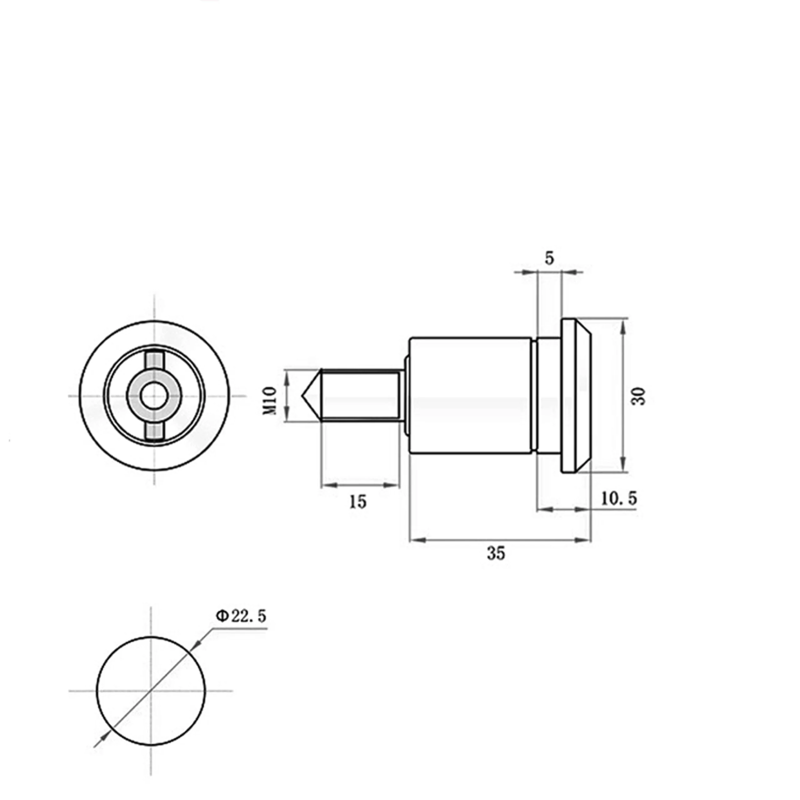 Technical drawing of a cylindrical component, MS707-2 (11), featuring measurements: 30 height, 10.5 cap, 22.5 diameter, M10 thread, and including sections that display a hexagonal portion and circular base.
