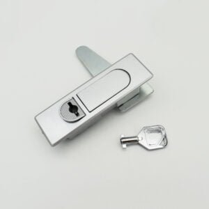 A silver MS732 (1) cam lock with a key placed beside it on a simple white background.