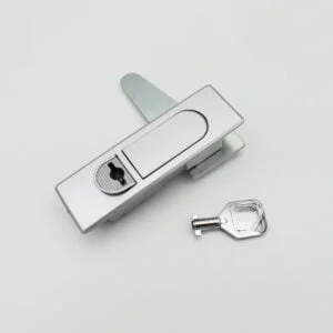 A silver MS732 (1) cam lock with a key placed beside it on a simple white background.