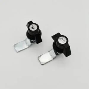 Two MS748-1 cam locks in black and silver, featuring T-shaped handles, rest on a light background.
