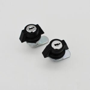 The MS748-3 (1) showcases a pair of silver cam locks adorned with black plastic grips and circular keyholes, all set against a pristine white background.