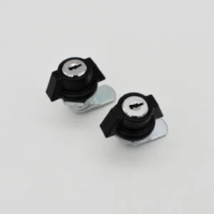The MS748-3 (1) showcases a pair of silver cam locks adorned with black plastic grips and circular keyholes, all set against a pristine white background.