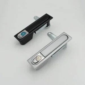 MS818 (1) black and silver push-button door handles on a light gray background.