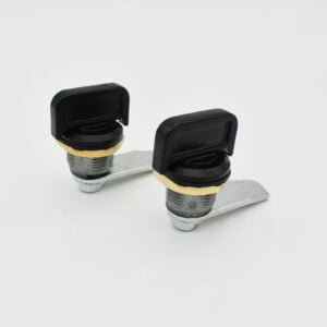 A pair of MS845-3 metal cam lock fittings with black keys are lying on a white background.