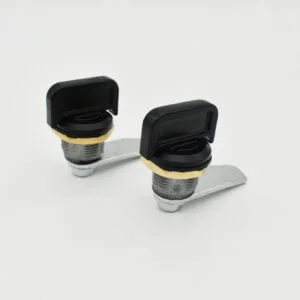 A pair of MS845-3 metal cam lock fittings with black keys are lying on a white background.