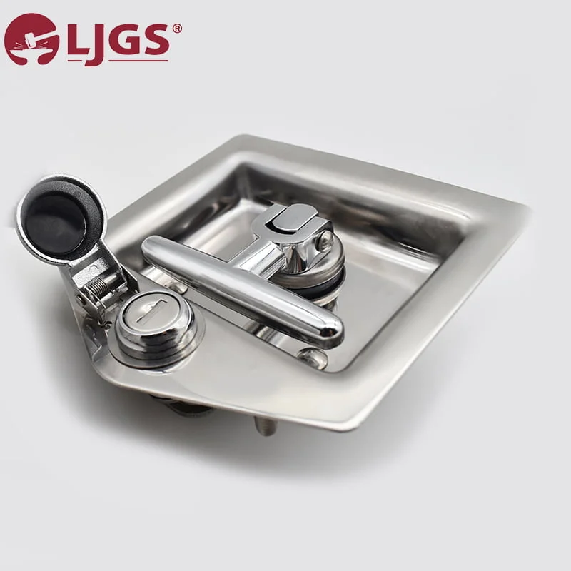 Stainless steel recessed latch lock, product name MS857-MS857-M (10), featuring a hinged cover, keyhole, and handle, elegantly displayed on a light gray background.
