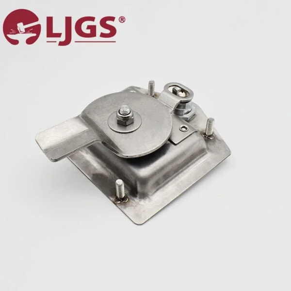 Metal latch with a lever mechanism, featuring four bolts and a circular plate, placed on a light gray background. Labeled "LJGS" in red text at the top left corner, model MS857-MS857-M (5).