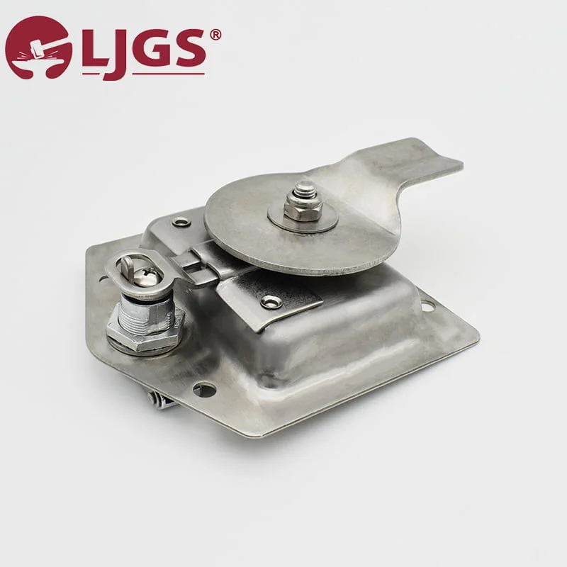 Metal latch mechanism featuring the MS857-MS857-M (6) lever and mounting plate, displayed on a white background. LJGS logo in the top left corner.