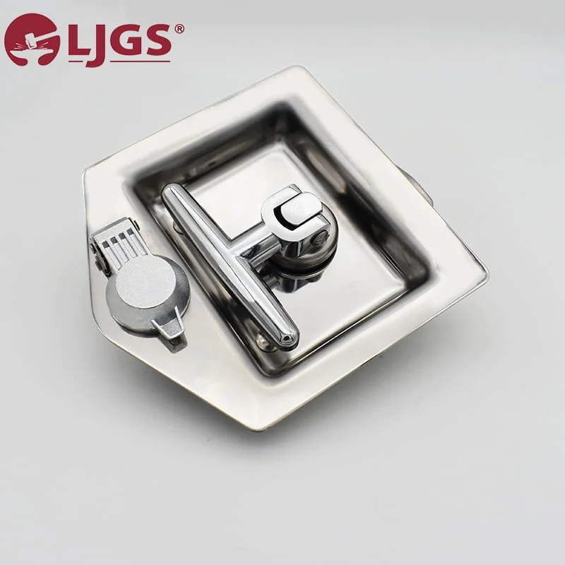 Close-up of a metallic latch lock, model MS857-MS857-M (8), with a T-handle and bolt mechanism, set against a plain background. LJGS logo in the top left corner.