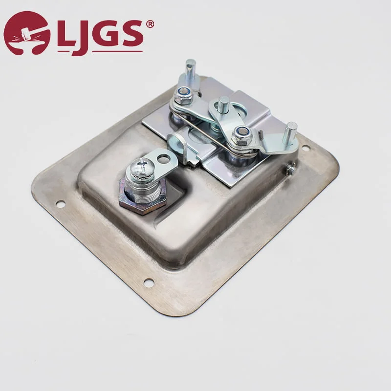 Rectangular metal latch mechanism featuring bolts and a pivot, branded with the "LJGS" logo on the top left. Product Name: MS866-2 (2).