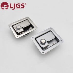 Two square metal latches with locks on a plain background, featuring the LJGS logo in the top left corner. Model MS866-22-(22S) (1) enhances their security and durability.