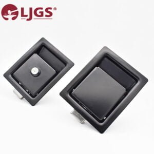 Two black rectangular recessed door handles, model MS866-3-3A (1), with one having a locking knob, are set against a white background. The "LJGS" logo is prominently featured in red at the top left corner.