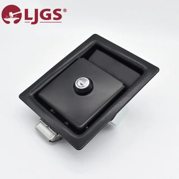 The MS866-3-3A (7) is a stylish rectangular black latch lock with a keyhole, showcasing sophisticated silver branding on a gray background.