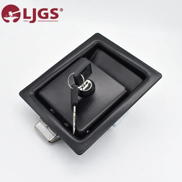 A square recessed handle latch in black with the MS866-3-3A (8) key inserted, showcasing the LJGS logo in the top left corner.