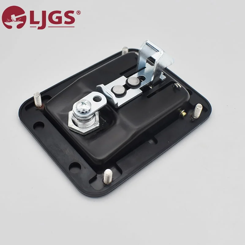 The MS866-5 (5) rectangular black metal latch lock, equipped with mounting screws, showcases a durable toggle mechanism against a gray backdrop.