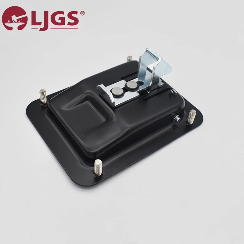 The product is a black metal latch mechanism, model MS866-5A (4), which includes an LJGS logo in the top left corner, four bolts, and a spring-loaded lever.