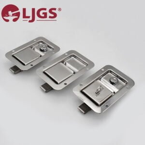 Three units of the MS866-7-(7A)-(7-1P) product, each featuring rectangular metal latches with integrated handles, are arranged on a light grey surface. The LJGS logo is visible in the top left corner.