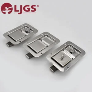 Three units of the MS866-7-(7A)-(7-1P) product, each featuring rectangular metal latches with integrated handles, are arranged on a light grey surface. The LJGS logo is visible in the top left corner.
