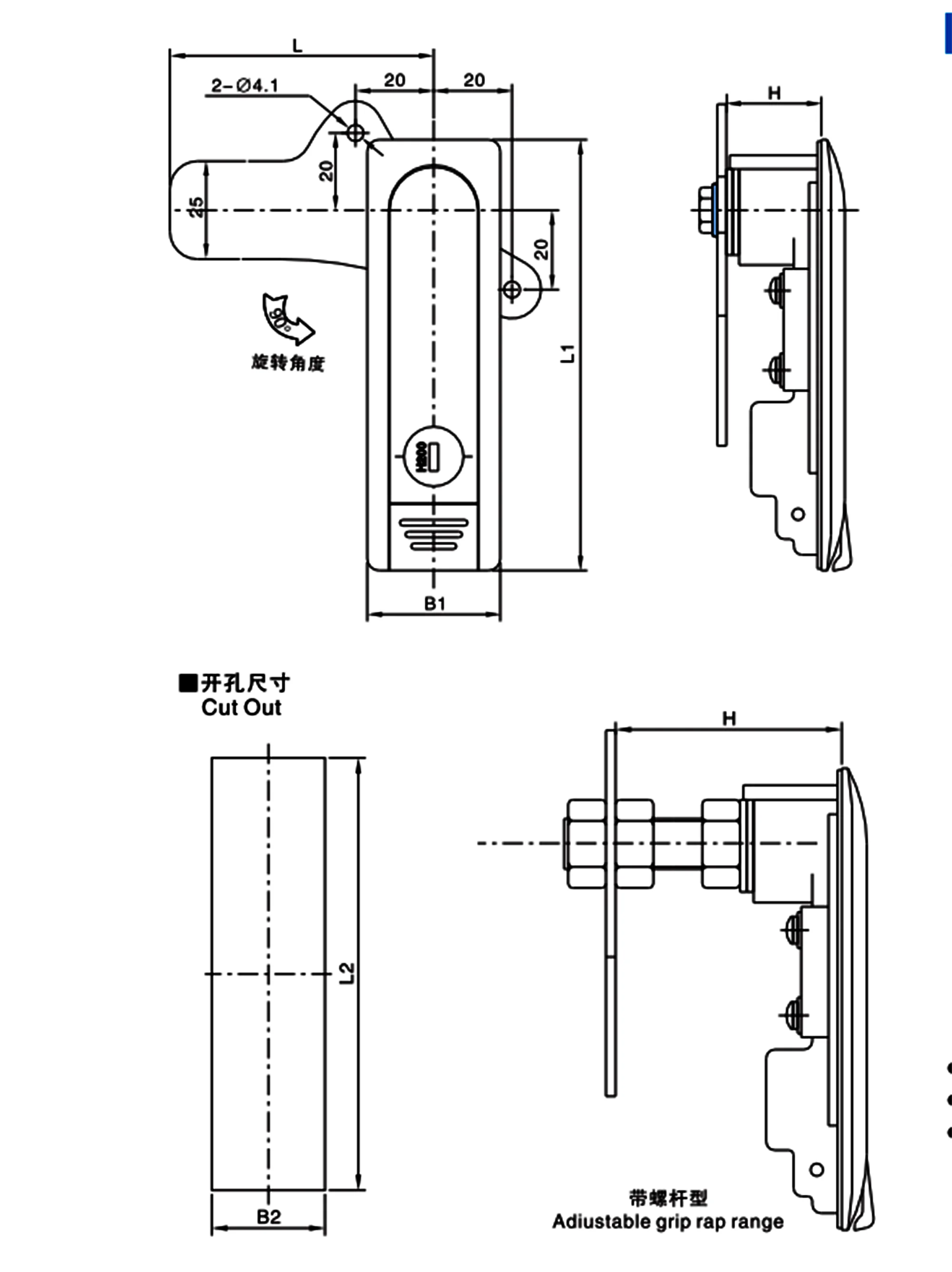 Technical drawing of door latch 微信截图_20230323160115 with dimensions, featuring side, front, and top views. Labels indicate adjustable grip range and cutout dimensions.