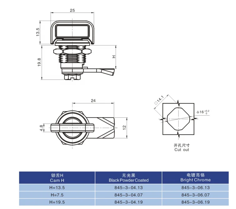 Technical diagram of the 微信截图_20230726164220 cam lock featuring precise measurements and specifications, shown alongside a table detailing finish options and product codes.