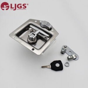 The 29b285d7-d0b6-45ea-bd0b-5cea060278db stainless steel recessed lock includes a key, latch mechanism, and mounting hardware, all showcased elegantly against a white background.