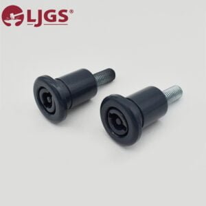 Two MS707-2 black threaded door stoppers on a plain background with the LJGS logo in the corner.