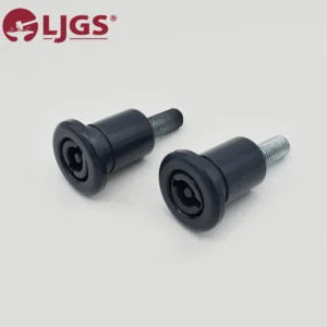 Two MS707-2 black threaded door stoppers on a plain background with the LJGS logo in the corner.