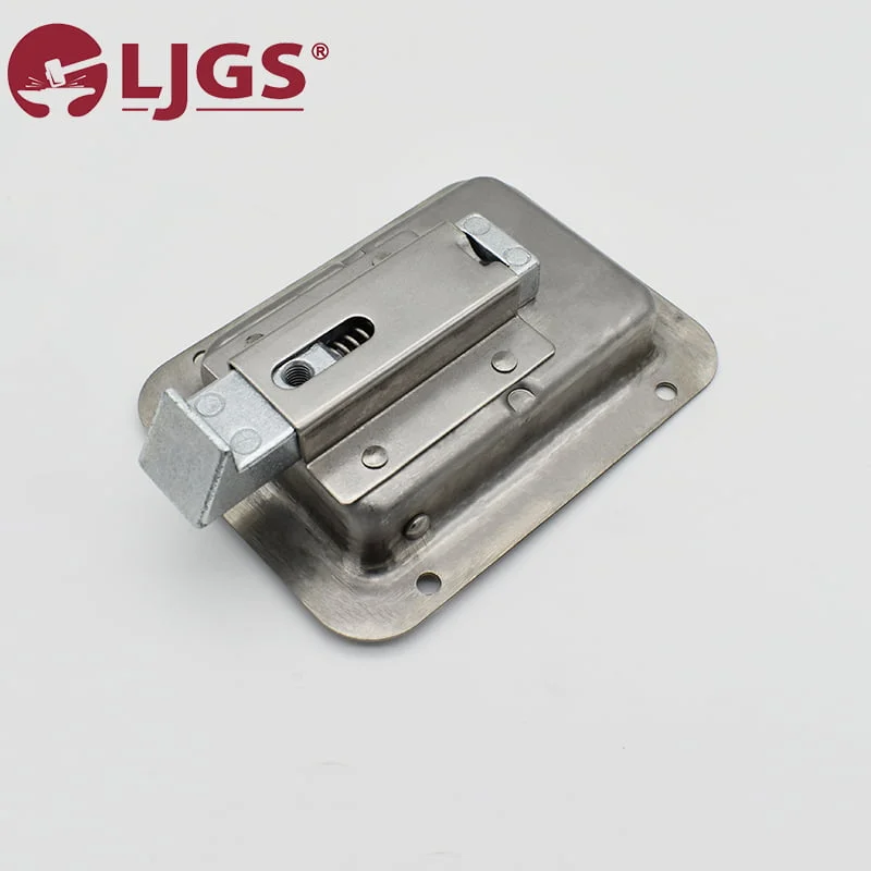 The dc3fa4ea-d186-4b0c-9aea-588554c8746c metal latch lock mechanism is gracefully positioned on a rectangular plate with four mounting holes, prominently displaying the LJGS logo in the top left corner.