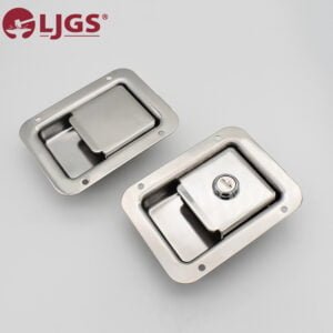 Two rectangular stainless steel latches, identified by the model series MS866-27-27A, including one with an integrated lock, are showcased against a gray background and feature LJGS branding.