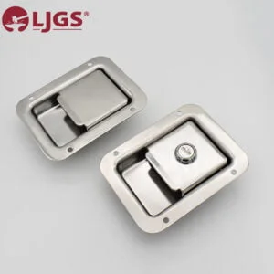 Two rectangular stainless steel latches, identified by the model series MS866-27-27A, including one with an integrated lock, are showcased against a gray background and feature LJGS branding.