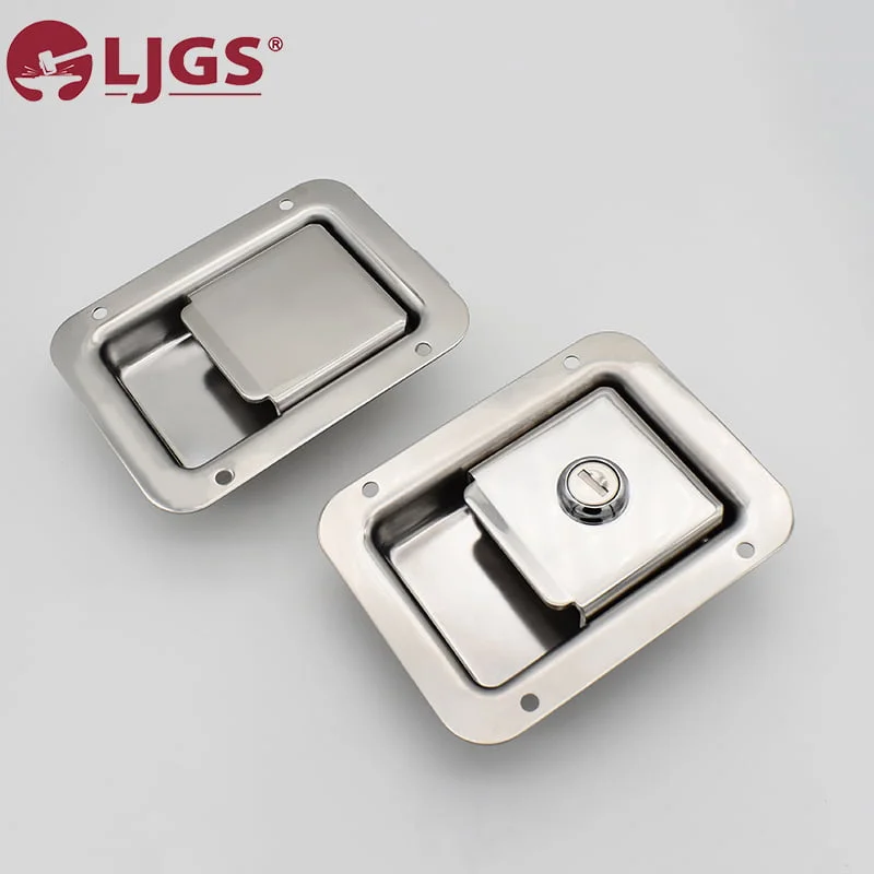 Two rectangular stainless steel latches, identified by the model series MS866-27-27A, including one with an integrated lock, are showcased against a gray background and feature LJGS branding.