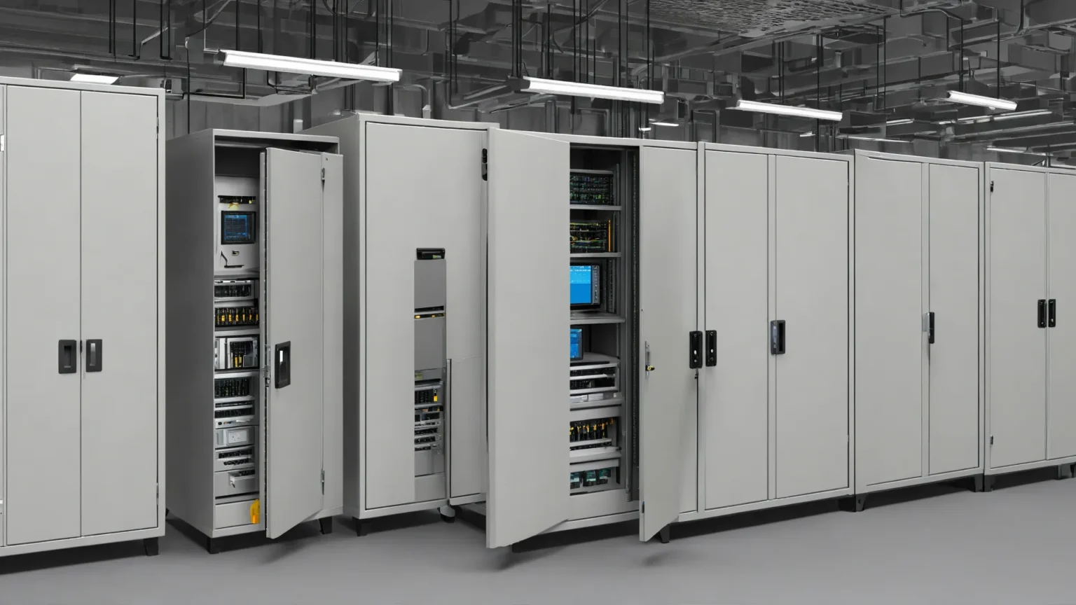 A row of server racks, painted in industrial gray with open doors that demonstrate the efficient application of hinges, swings smoothly to reveal network equipment and screens within a spacious data center illuminated by overhead lighting.