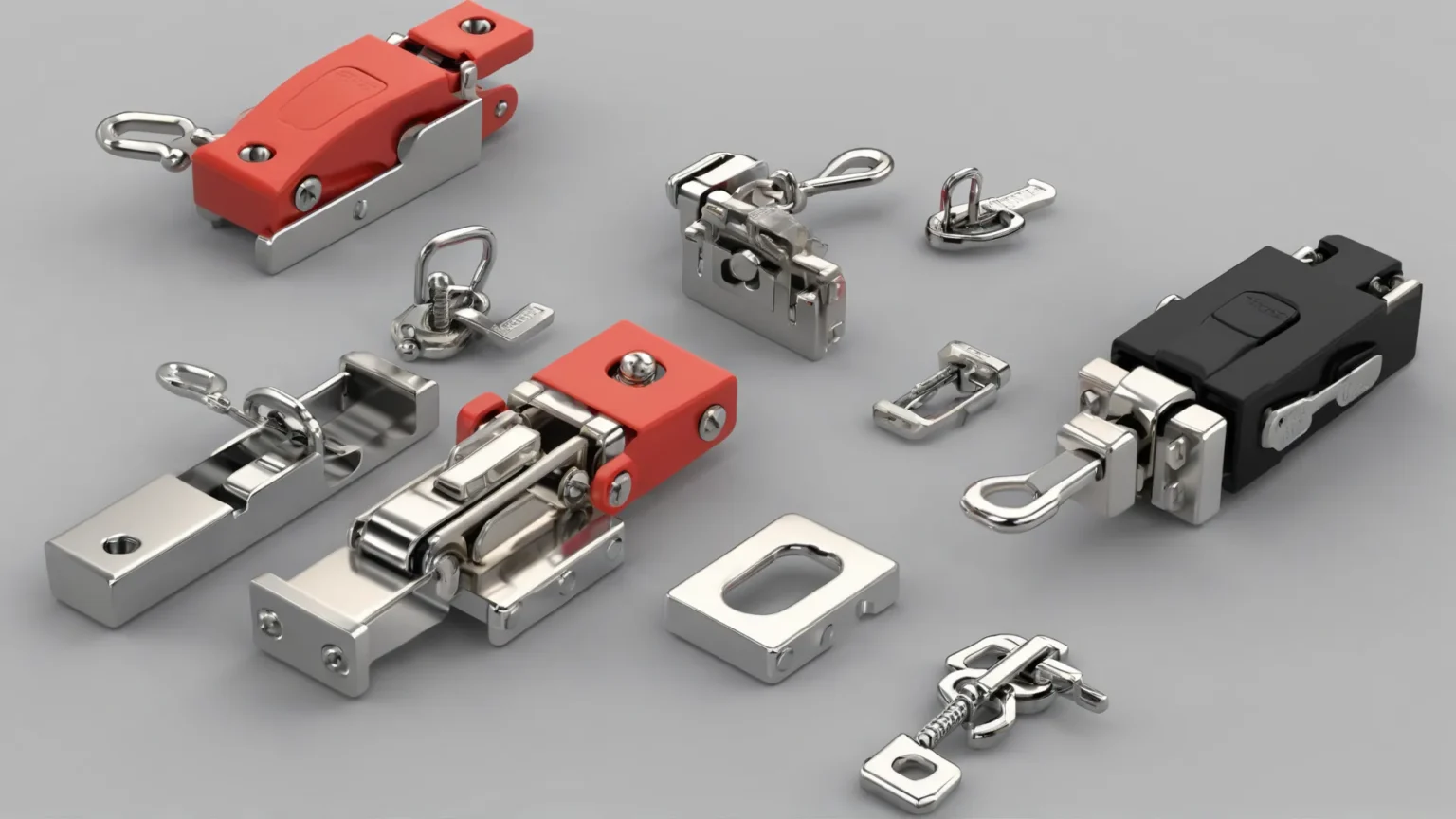 Various types of toggle latch display diagrams, incorporating red and black components, neatly organized on a flat gray surface.