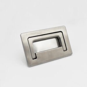 Rectangular e7922f7f88e181d307fe3c7fddc7dcc metal flush pull handle boasting a sleek, modern design against a plain background.