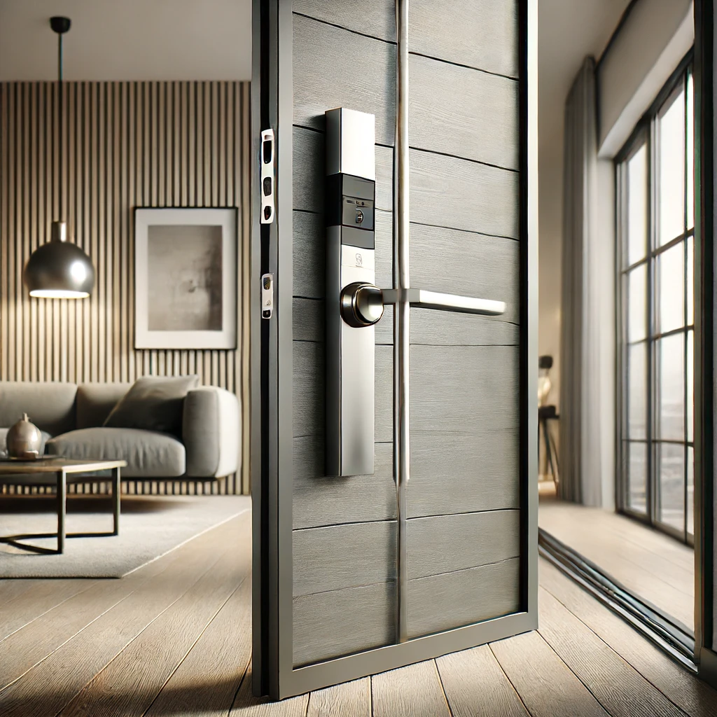 A modern entrance equipped with an application scenario diagram of a sliding door lock opens into a stylish living room, highlighted by a sofa, pendant light, and expansive window.