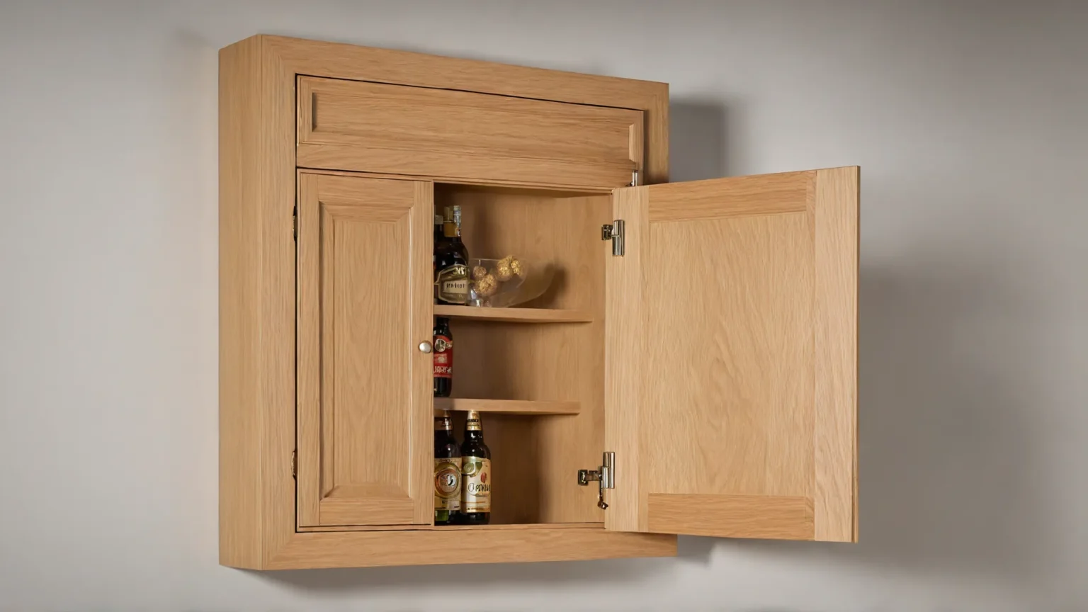 The "Picture of Hidden Hinged Cabinet Door" reveals a wooden wall-mounted cabinet with a single door that smoothly opens using a sturdy furniture hinge, showcasing three shelves ideal for holding several bottles and a decorative glass object.
