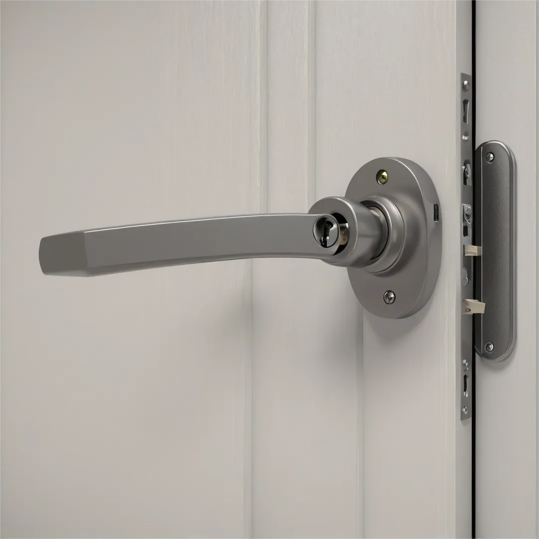 The Panel door lock is installed on a white door with a silver handle, viewed from the side.