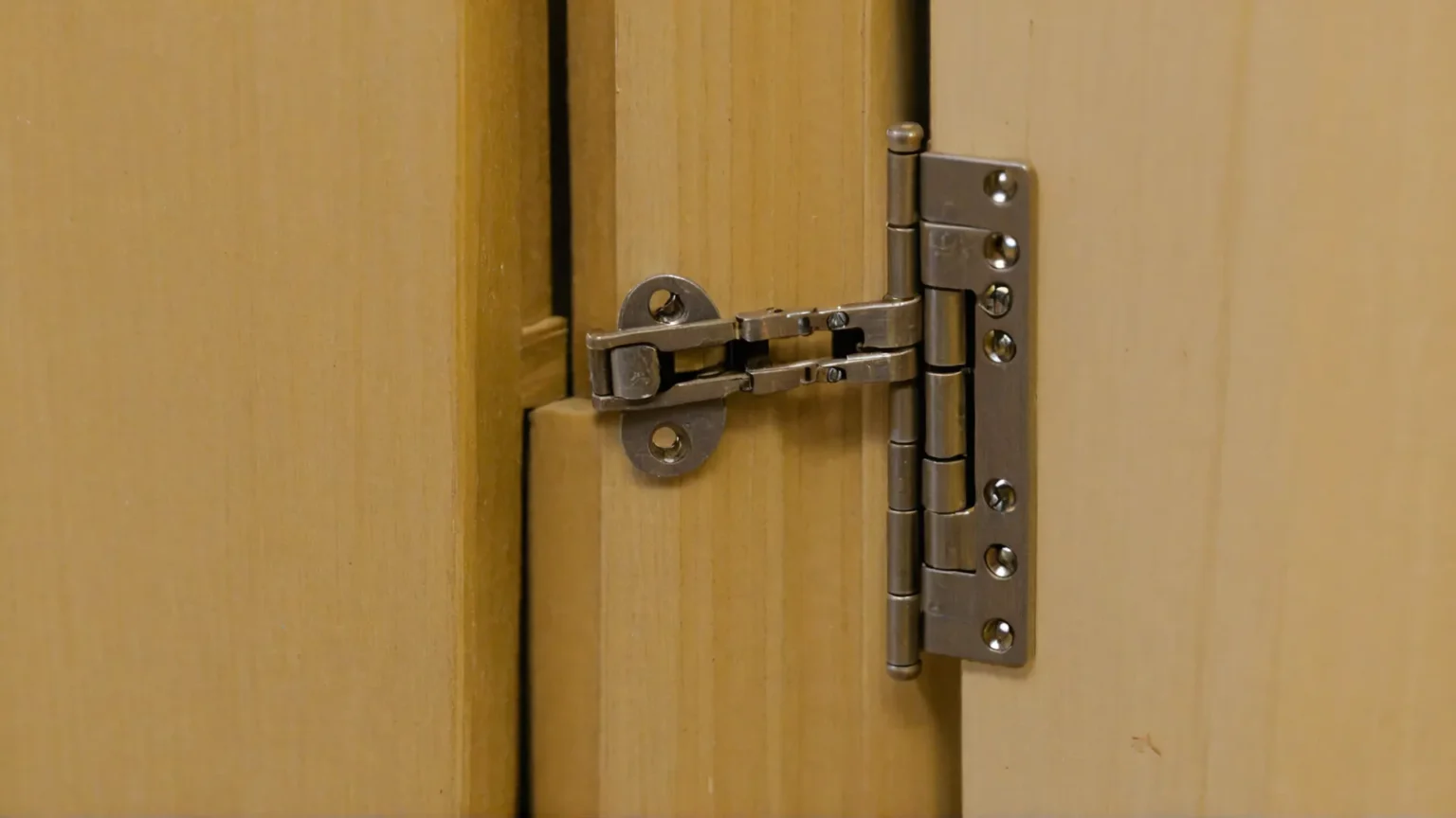 Close-up of "The hinges on the door" firmly mounted on a wooden cabinet door.