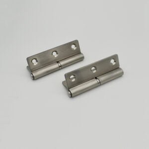 Product Name: Two "5" silver metal hinges, each featuring three screw holes, resting on a light gray surface.